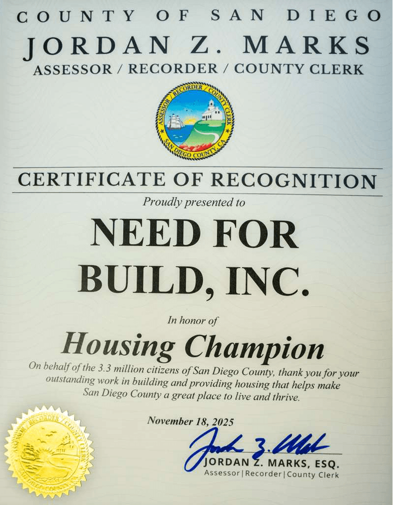 County of San Diego Certificate of Recognition