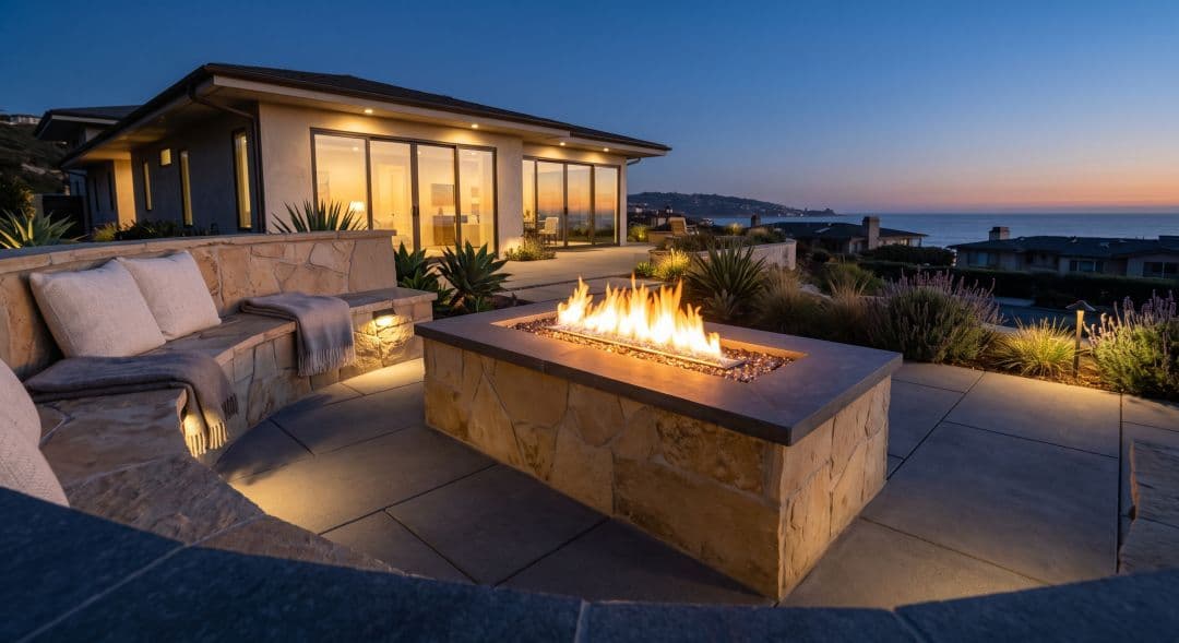 Custom raised gas fire pit with fire glass media on a paver patio at a coastal home near Oceanside, CA