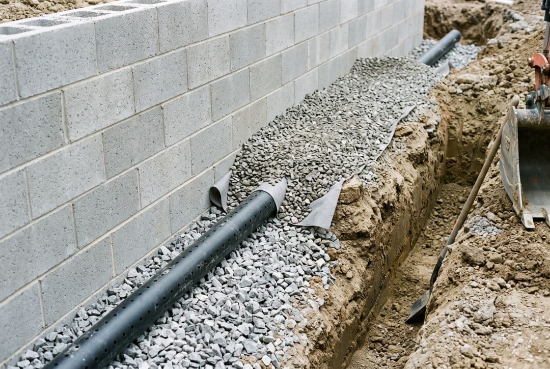 Gravel backfill and 4-inch perforated drain pipe installed behind a block retaining wall