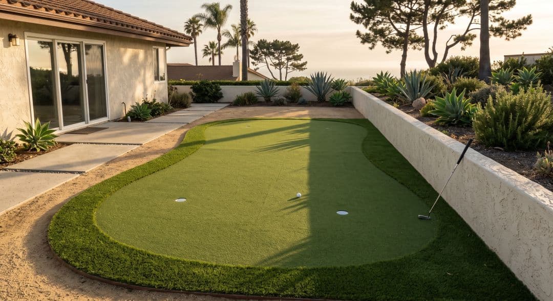 Contoured backyard putting green with nylon synthetic turf in a San Diego, CA yard