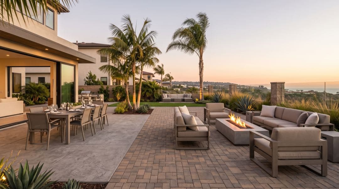 A luxurious San Diego patio showcasing outdoor furniture on a blend of stamped concrete and interlocking pavers during sunset