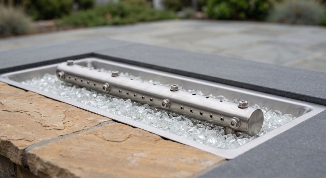 Close-up of a stainless steel gas fire pit burner and pan set into natural flagstone, specified for coastal salt air