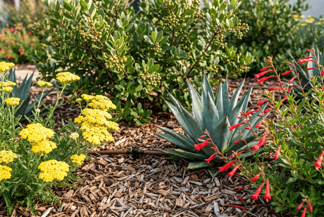 Close-up/medium shot showcasing low-water, climate-adapted native plants suited for coastal/inland San Diego.