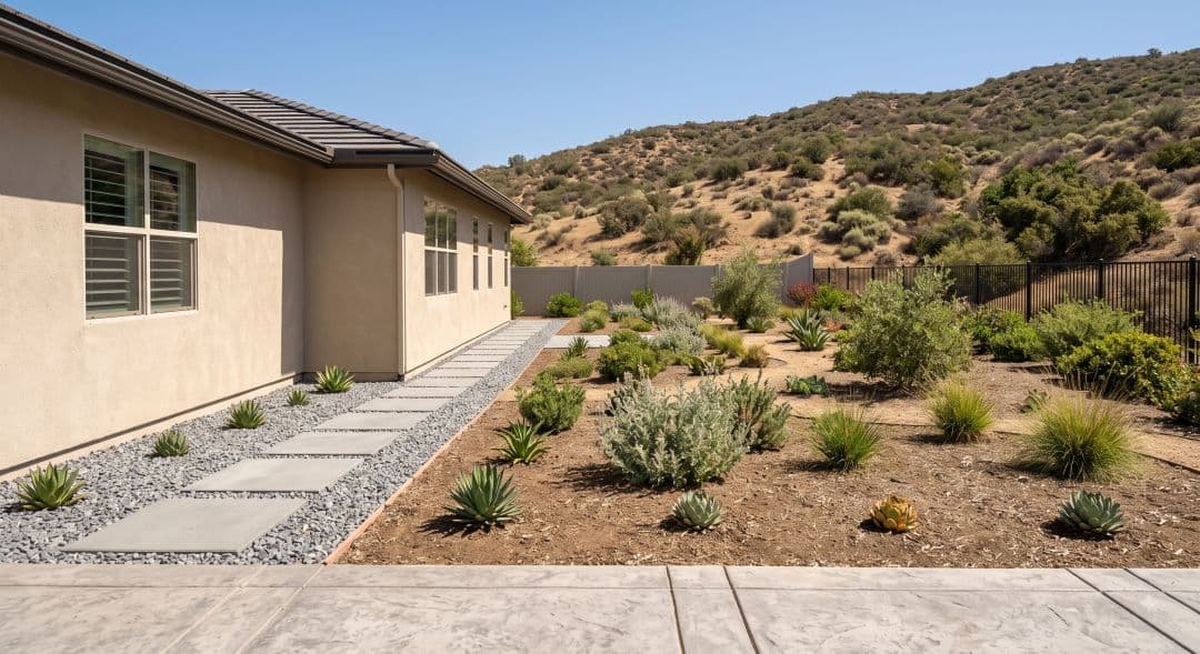 Zone 0 ember-resistant landscaping with gravel and pavers in the first five feet around a Poway home