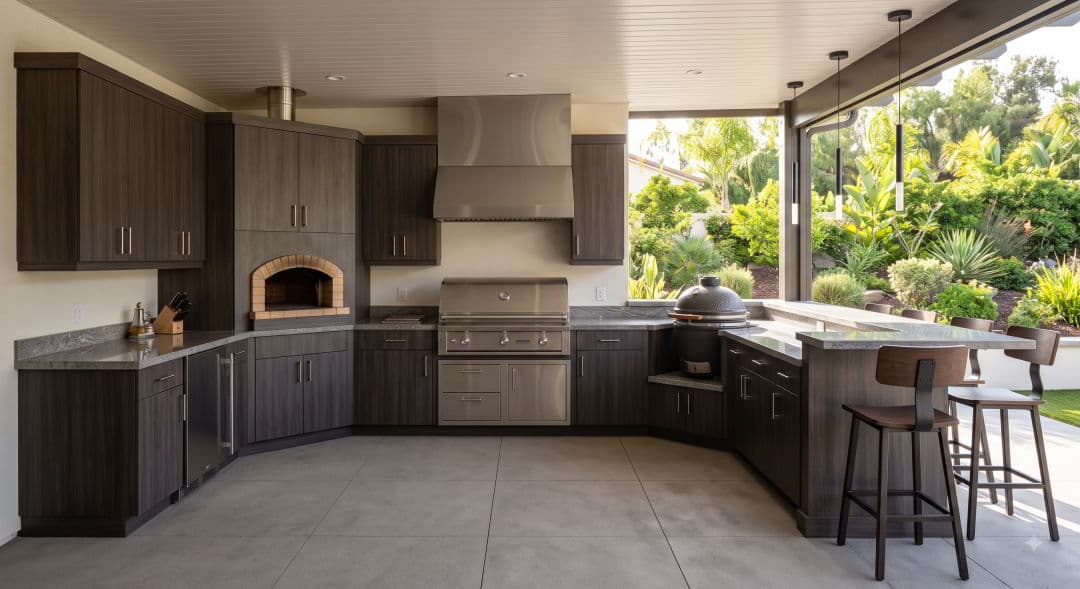A medium-wide architectural interior shot of a high-end, U-shaped outdoor culinary center