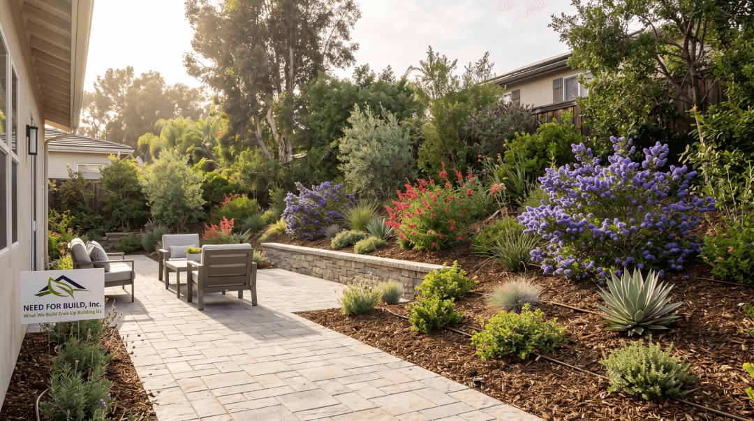 A cohesive, beautifully designed San Diego backyard featuring drought-tolerant native plants, smooth hardscaping, and distinct functional zones.