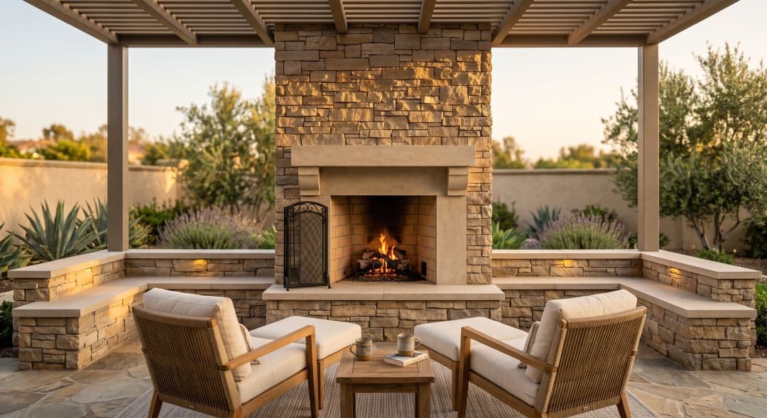 Built-in masonry outdoor fireplace in stone veneer with a raised hearth and seating walls on a covered patio