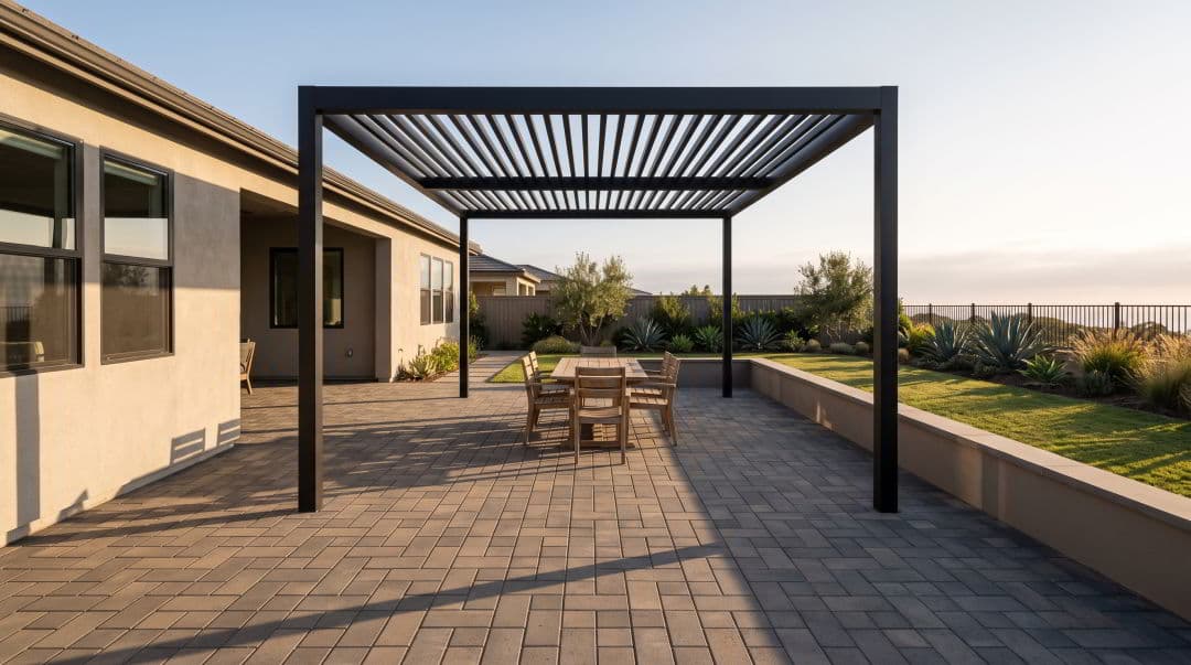 Paver patio with a black aluminum pergola in a Carlsbad, CA backyard at golden hour