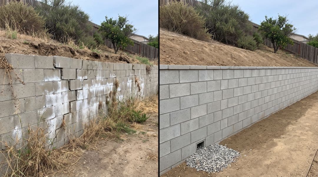 Leaning cracked retaining wall next to a rebuilt block wall with proper drainage in San Diego