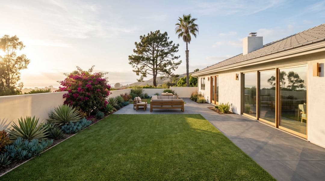 Artificial turf lawn meeting a paver patio in a San Diego, CA backyard at golden hour