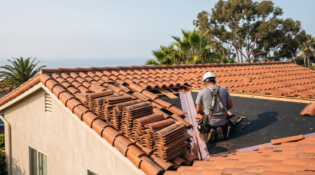 Spanish clay tile roof replacement in progress on a San Diego, CA home showing exposed underlayment and new valley flashing