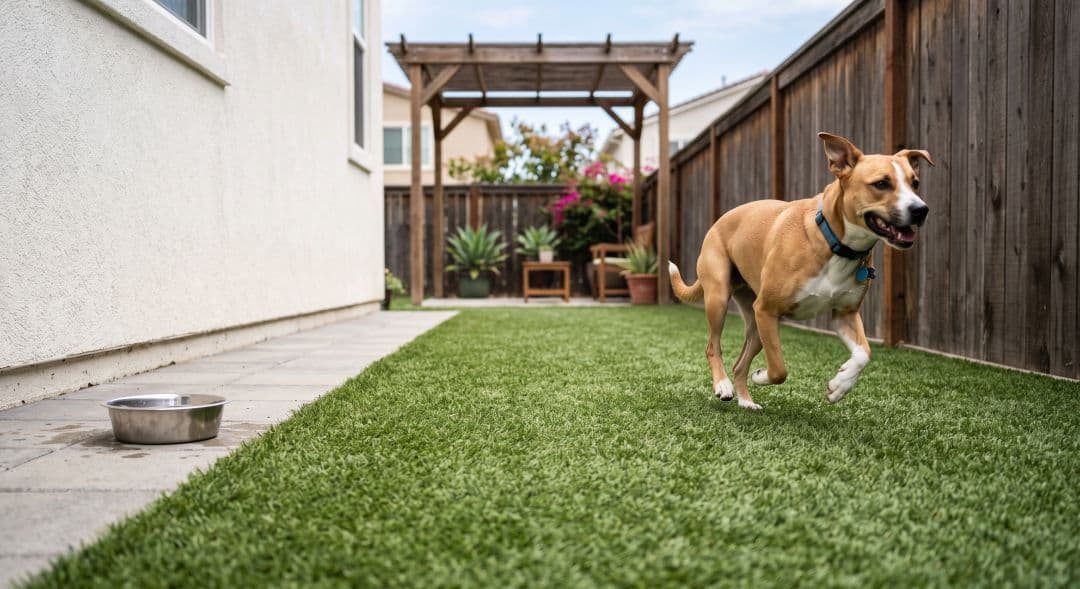 Short-pile pet turf in a San Diego side yard dog run with a paver border and shaded area