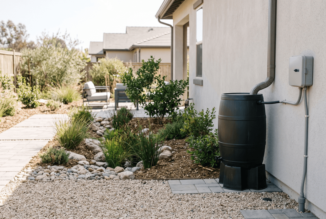 Modern outdoor living space highlighting smart water management, rainwater capture, or permeable surfaces.