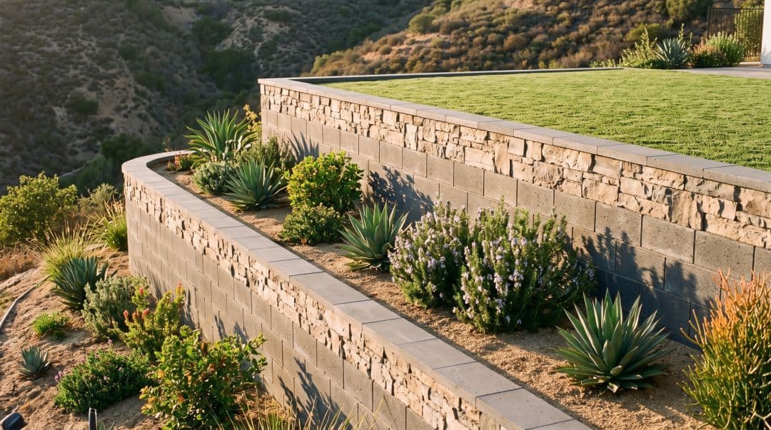 Two-tier terraced block retaining wall with stone veneer on a San Diego County hillside lot