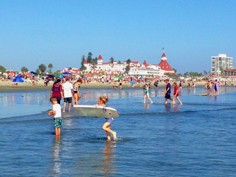 hotel del coronado, adults and children enjoying the ocean shore